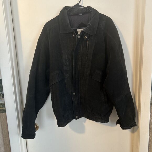 Black suede leather bomber jacket Greatland Size Large y2k distressed - Picture 1 of 15